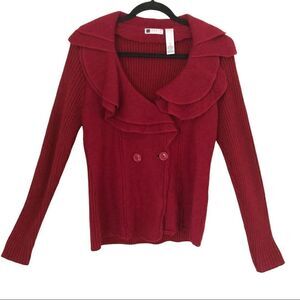 Carole Little Red Long Sleeve Wool/Acrylic Two Tiered Bib Collar Button Sweater